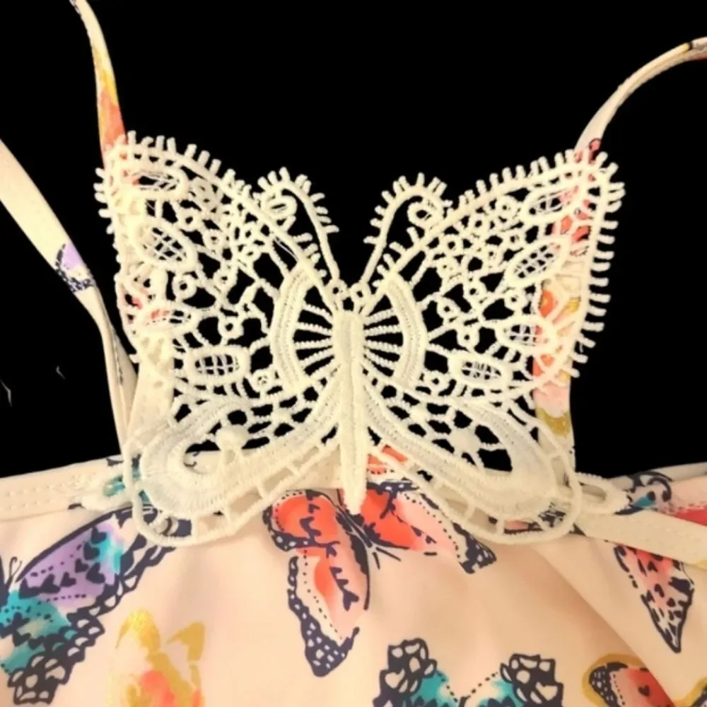 Limited Too Swimsuit 1-Piece Crocheted‎ Butterfly Print Ruffle Girls sz X…